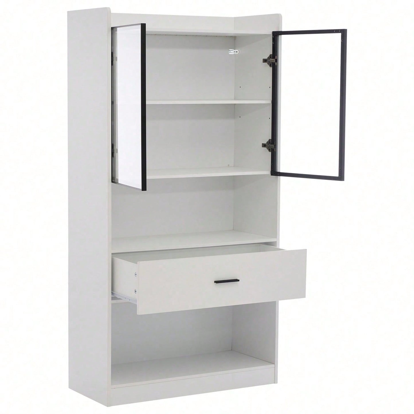 Curio Vitrine mit Licht, Aufbewahrungsregale mit Pop-up Glastüren, 1 große Schubladen & 16 Farben Licht, Sammlerstücke Schrank Display Regal, Bücherregal Vitrine für Wohnzimmer, weiß, schwarzer Fenste
