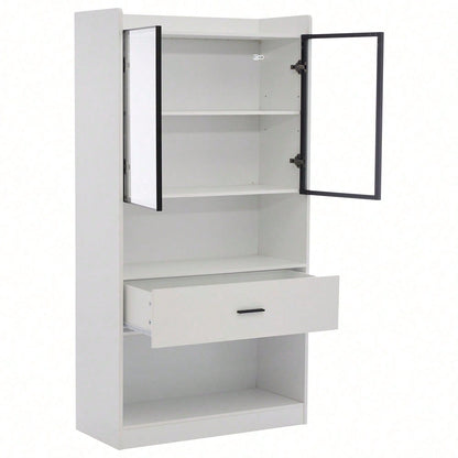 Curio Vitrine mit Licht, Aufbewahrungsregale mit Pop-up Glastüren, 1 große Schubladen & 16 Farben Licht, Sammlerstücke Schrank Display Regal, Bücherregal Vitrine für Wohnzimmer, weiß, schwarzer Fenste