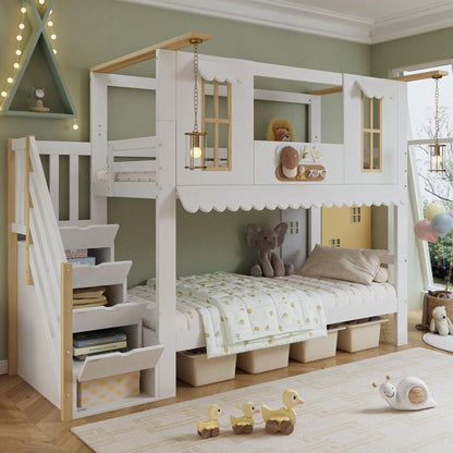 Etagenbett Kinderbett 90*200 cm mit Aufbewahrungstreppe & Dekofilzen – Exklusives Design mit Fenstern & welliger Dachkante – Weiß/Natur (Kiefer/MDF/Sperrholz) – Inkl. Aufhängedeko