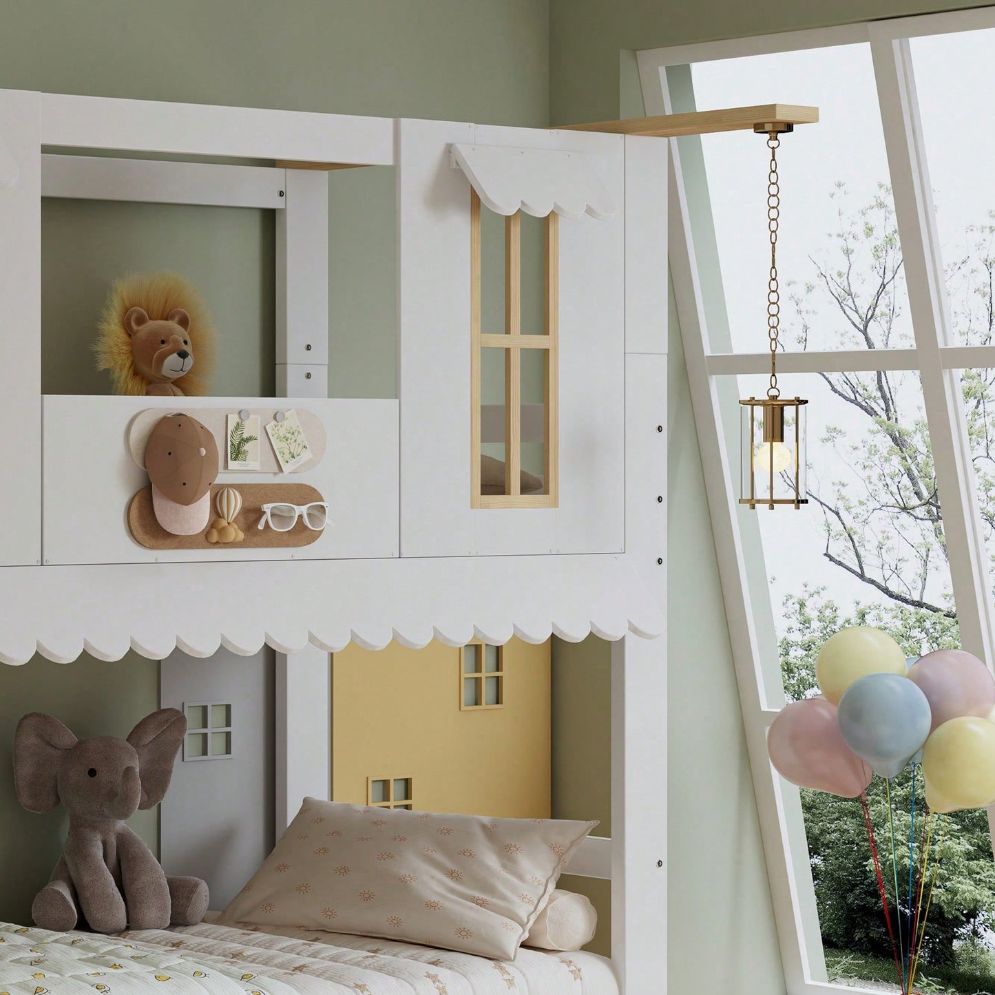 Etagenbett Kinderbett 90*200 cm mit Aufbewahrungstreppe & Dekofilzen – Exklusives Design mit Fenstern & welliger Dachkante – Weiß/Natur (Kiefer/MDF/Sperrholz) – Inkl. Aufhängedeko