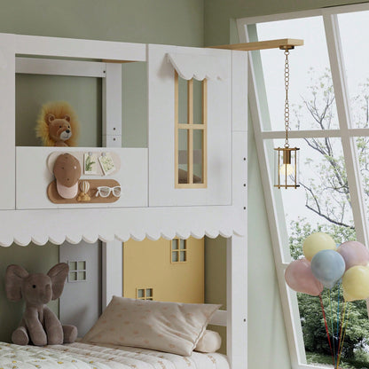 Etagenbett Kinderbett 90*200 cm mit Aufbewahrungstreppe & Dekofilzen – Exklusives Design mit Fenstern & welliger Dachkante – Weiß/Natur (Kiefer/MDF/Sperrholz) – Inkl. Aufhängedeko