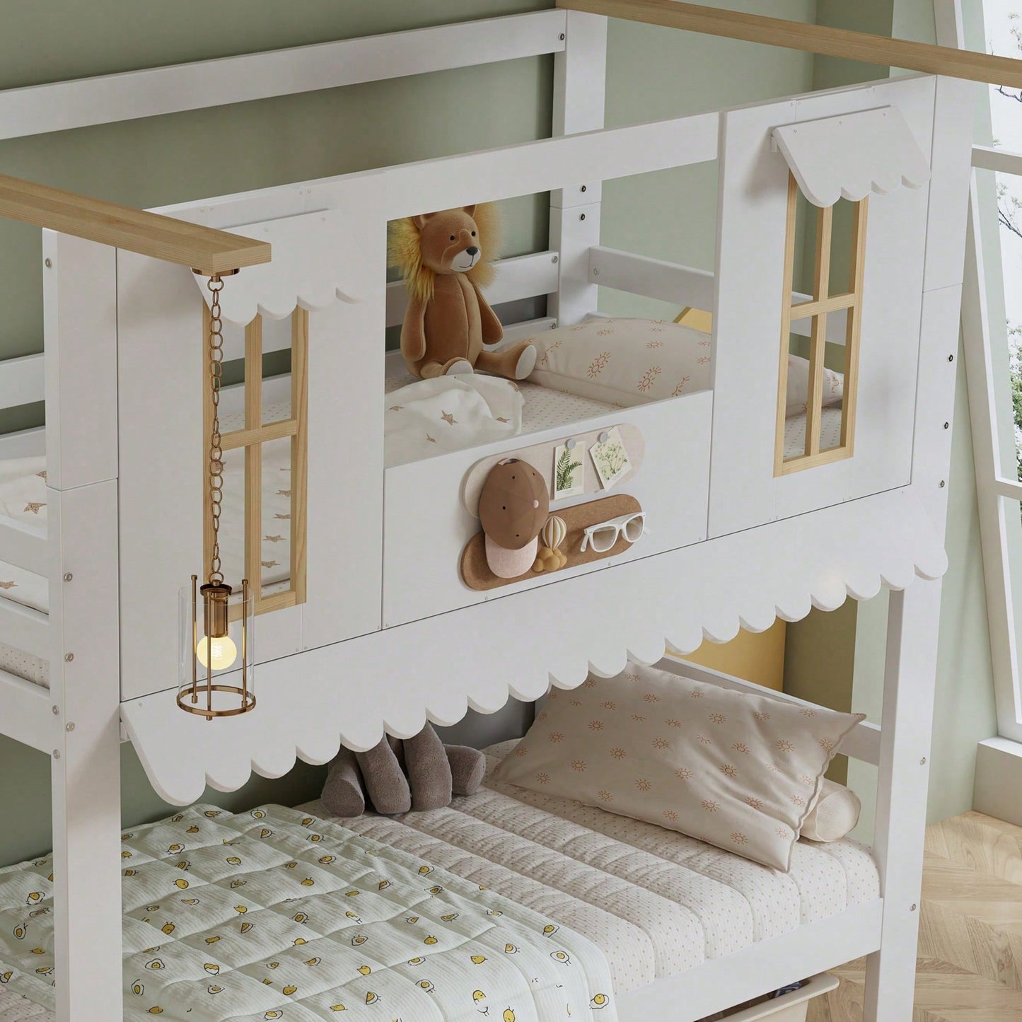 Etagenbett Kinderbett 90*200 cm mit Aufbewahrungstreppe & Dekofilzen – Exklusives Design mit Fenstern & welliger Dachkante – Weiß/Natur (Kiefer/MDF/Sperrholz) – Inkl. Aufhängedeko
