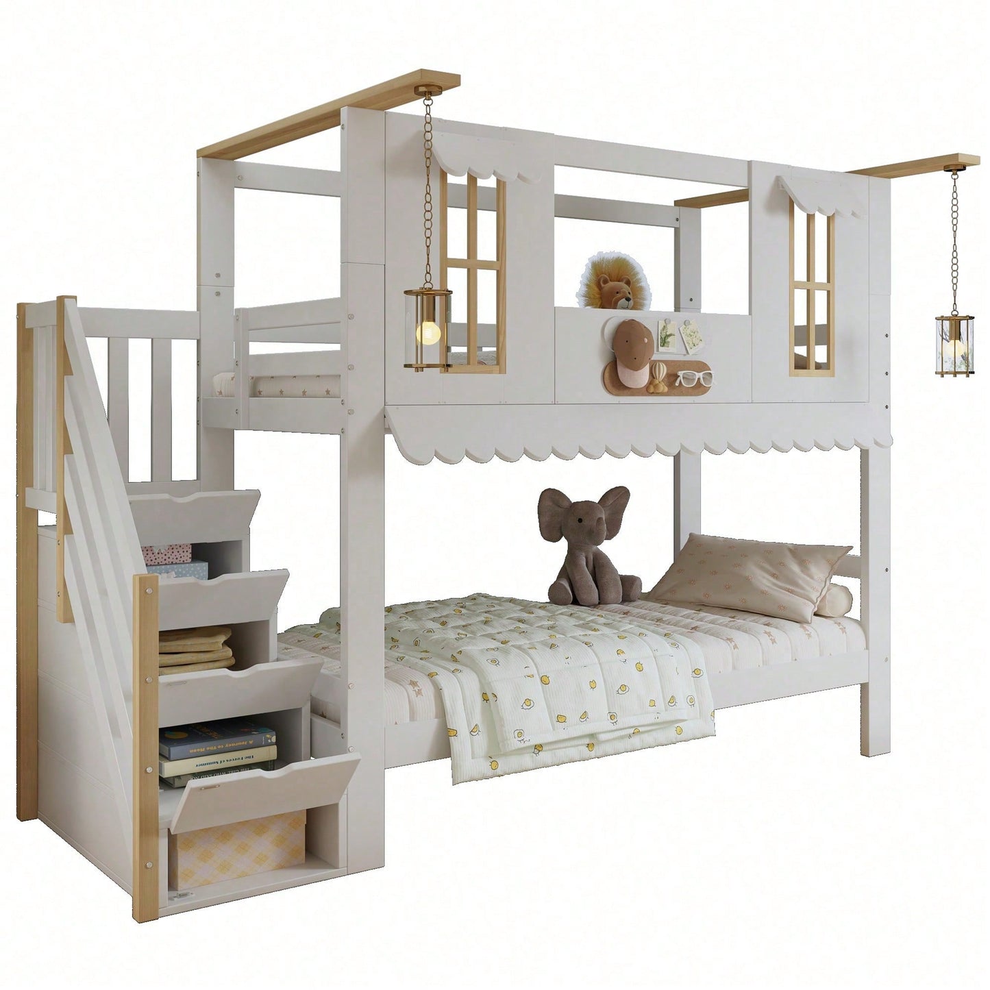 Etagenbett Kinderbett 90*200 cm mit Aufbewahrungstreppe & Dekofilzen – Exklusives Design mit Fenstern & welliger Dachkante – Weiß/Natur (Kiefer/MDF/Sperrholz) – Inkl. Aufhängedeko