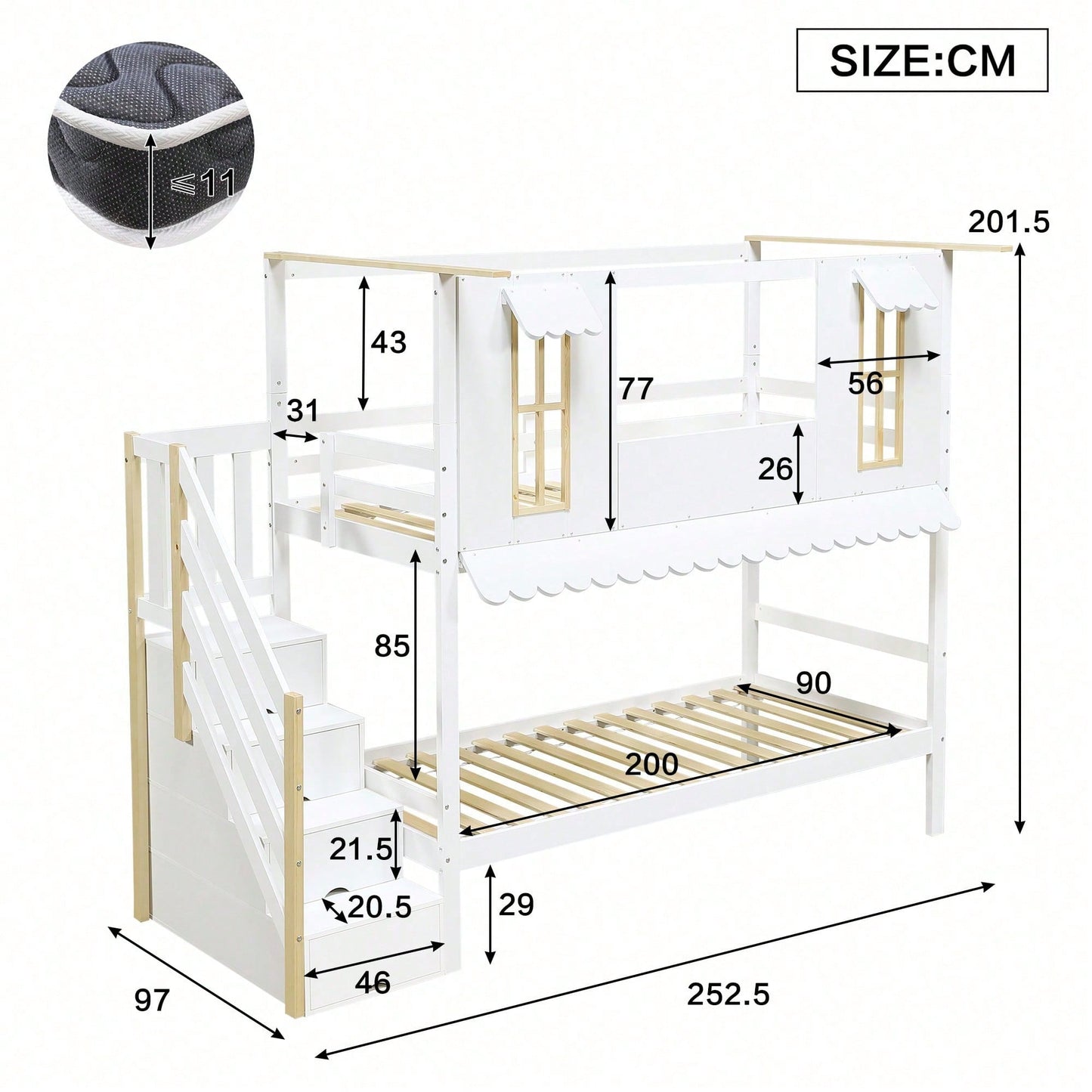 Etagenbett Kinderbett 90*200 cm mit Aufbewahrungstreppe & Dekofilzen – Exklusives Design mit Fenstern & welliger Dachkante – Weiß/Natur (Kiefer/MDF/Sperrholz) – Inkl. Aufhängedeko