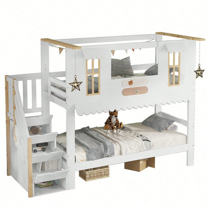 Etagenbett Kinderbett 90*200 cm mit Aufbewahrungstreppe & Dekofilzen – Exklusives Design mit Fenstern & welliger Dachkante – Weiß/Natur (Kiefer/MDF/Sperrholz) – Inkl. Aufhängedeko