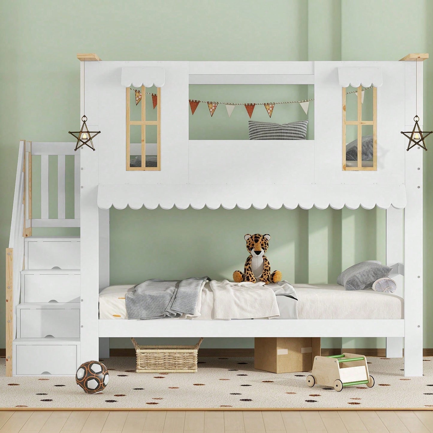 Etagenbett Kinderbett 90*200 cm mit Aufbewahrungstreppe & Dekofilzen – Exklusives Design mit Fenstern & welliger Dachkante – Weiß/Natur (Kiefer/MDF/Sperrholz) – Inkl. Aufhängedeko