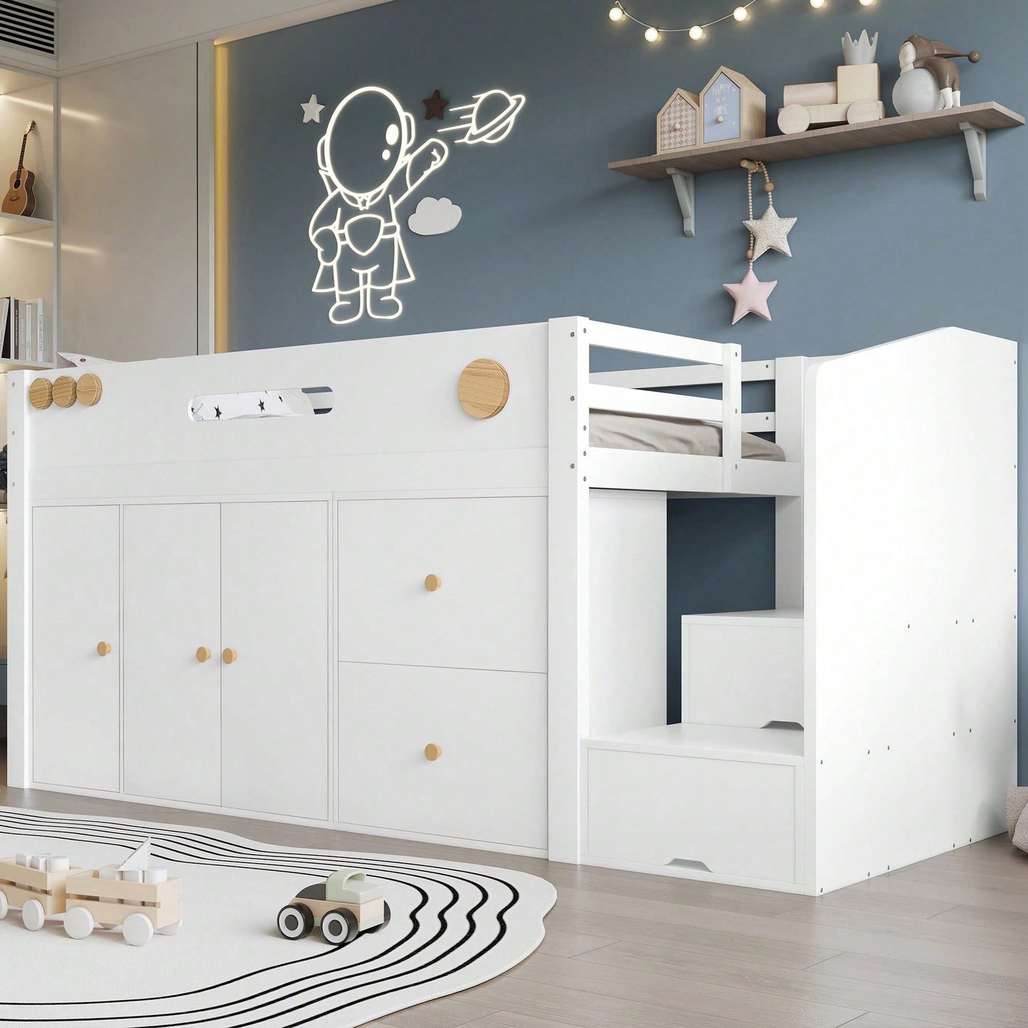 Holzbett Kinderbett 90x200 cm halbhoch mit Aufbewahrungstreppe (magnetische Türen) - Inkl. 2 Schubladen & Kleiderschrank - Weiß/Natur (Kiefer/MDF/Sperrholz) - Stauraumwunde