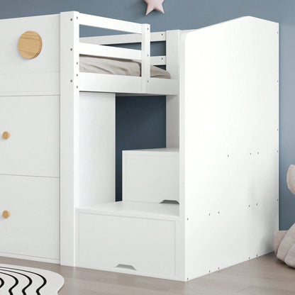 Holzbett Kinderbett 90x200 cm halbhoch mit Aufbewahrungstreppe (magnetische Türen) - Inkl. 2 Schubladen & Kleiderschrank - Weiß/Natur (Kiefer/MDF/Sperrholz) - Stauraumwunde
