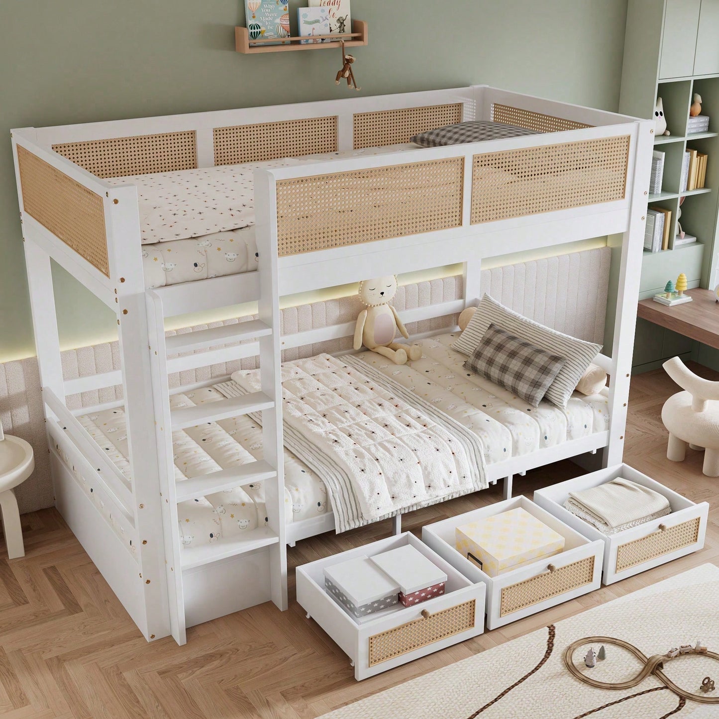 Etagenbett Kinderbett 90x200 cm mit Rattanzaun & 3 Roll-Schubladen - & stabilen Lattenrosten - Weiß/Natur (Kiefer/MDF/Sperrholz) - Stauraumwunder