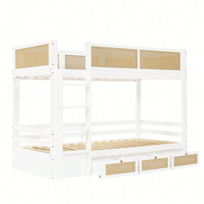 Etagenbett Kinderbett 90x200 cm mit Rattanzaun & 3 Roll-Schubladen - & stabilen Lattenrosten - Weiß/Natur (Kiefer/MDF/Sperrholz) - Stauraumwunder