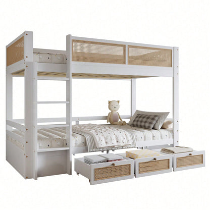 Etagenbett Kinderbett 90x200 cm mit Rattanzaun & 3 Roll-Schubladen - & stabilen Lattenrosten - Weiß/Natur (Kiefer/MDF/Sperrholz) - Stauraumwunder