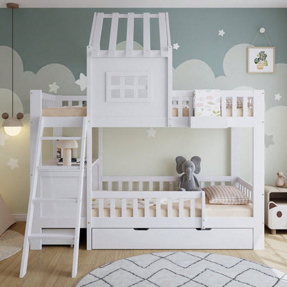 Etagenbett Kinderbett 90x200 cm mit Dach & Fenster – Praktisch mit 2 Roll-Schubladen, Lesetisch & Ablagekorb – Weiß (Kiefer/MDF/Sperrholz)