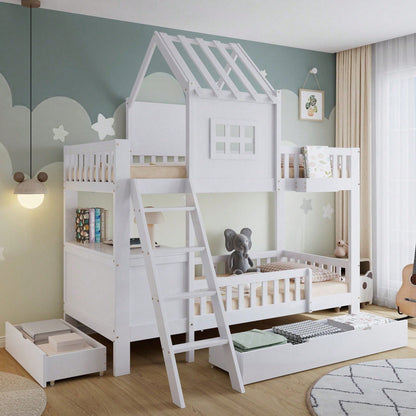 Etagenbett Kinderbett 90x200 cm mit Dach & Fenster – Praktisch mit 2 Roll-Schubladen, Lesetisch & Ablagekorb – Weiß (Kiefer/MDF/Sperrholz)