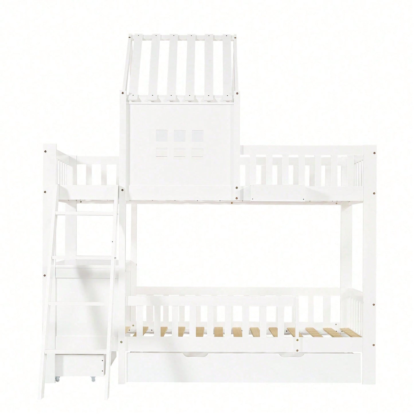 Etagenbett Kinderbett 90x200 cm mit Dach & Fenster – Praktisch mit 2 Roll-Schubladen, Lesetisch & Ablagekorb – Weiß (Kiefer/MDF/Sperrholz)