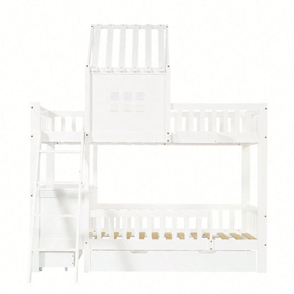 Etagenbett Kinderbett 90x200 cm mit Dach & Fenster – Praktisch mit 2 Roll-Schubladen, Lesetisch & Ablagekorb – Weiß (Kiefer/MDF/Sperrholz)