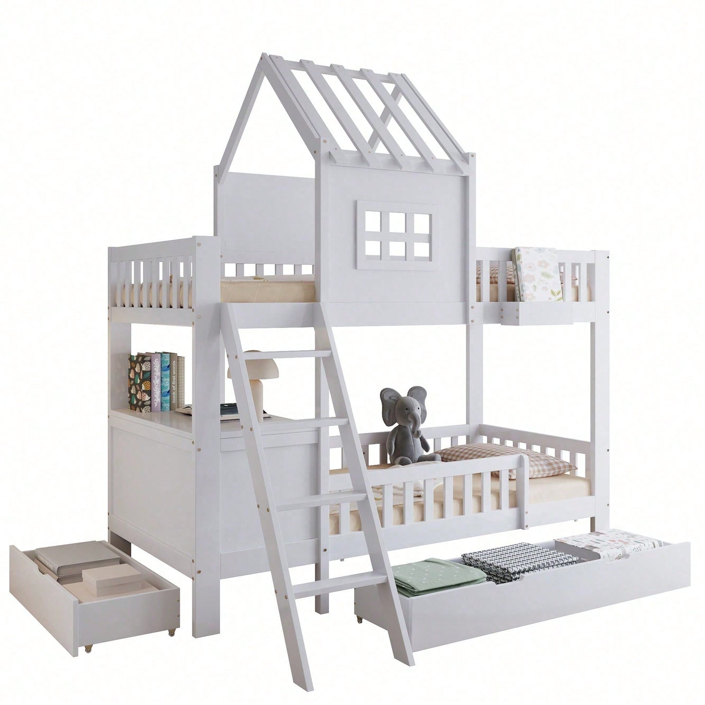 Etagenbett Kinderbett 90x200 cm mit Dach & Fenster – Praktisch mit 2 Roll-Schubladen, Lesetisch & Ablagekorb – Weiß (Kiefer/MDF/Sperrholz)