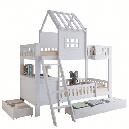 Etagenbett Kinderbett 90x200 cm mit Dach & Fenster – Praktisch mit 2 Roll-Schubladen, Lesetisch & Ablagekorb – Weiß (Kiefer/MDF/Sperrholz)