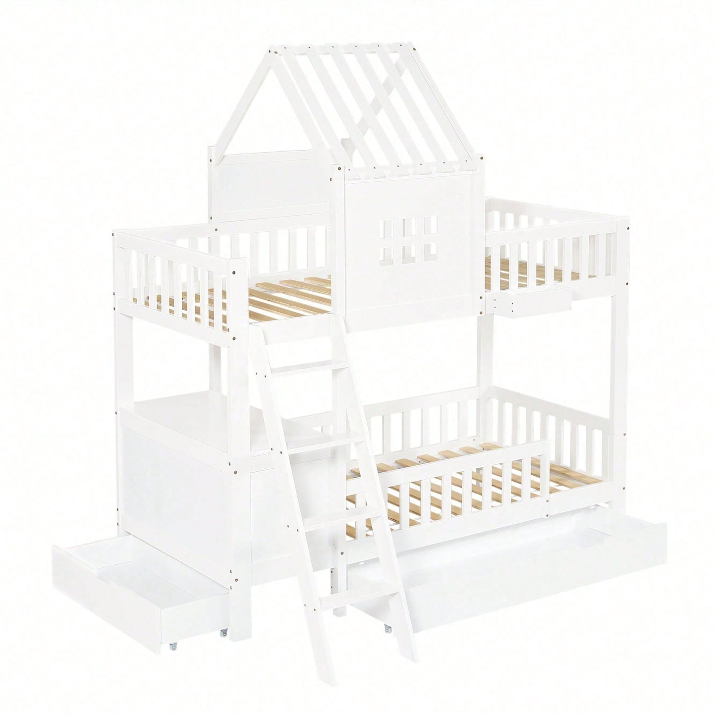 Etagenbett Kinderbett 90x200 cm mit Dach & Fenster – Praktisch mit 2 Roll-Schubladen, Lesetisch & Ablagekorb – Weiß (Kiefer/MDF/Sperrholz)