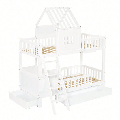 Etagenbett Kinderbett 90x200 cm mit Dach & Fenster – Praktisch mit 2 Roll-Schubladen, Lesetisch & Ablagekorb – Weiß (Kiefer/MDF/Sperrholz)