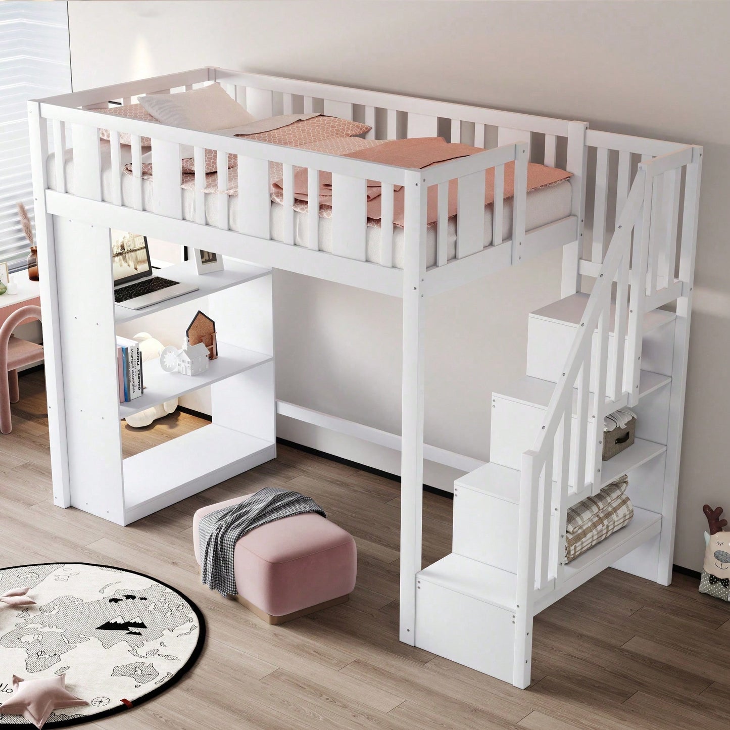 Hochbett 90x200 cm mit Stauraumtreppe & großen Fächern - Funktions-Kinderbett aus Holz (weiß) - Jugendbett mit integriertem Stauraum, ohne Matratze
