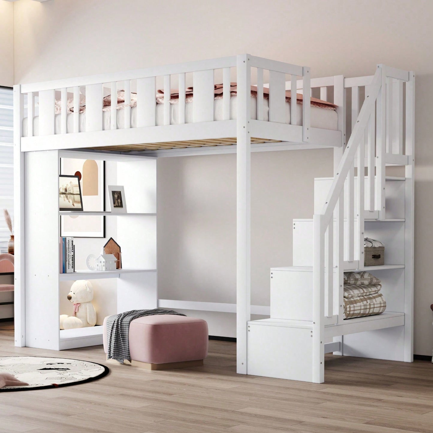 Hochbett 90x200 cm mit Stauraumtreppe & großen Fächern - Funktions-Kinderbett aus Holz (weiß) - Jugendbett mit integriertem Stauraum, ohne Matratze