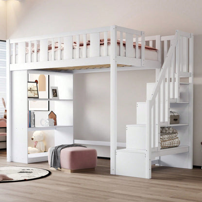 Hochbett 90x200 cm mit Stauraumtreppe & großen Fächern - Funktions-Kinderbett aus Holz (weiß) - Jugendbett mit integriertem Stauraum, ohne Matratze