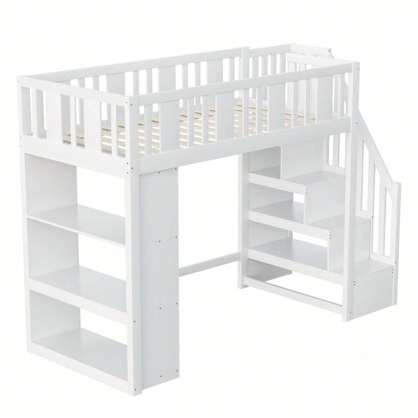 Hochbett 90x200 cm mit Stauraumtreppe & großen Fächern - Funktions-Kinderbett aus Holz (weiß) - Jugendbett mit integriertem Stauraum, ohne Matratze