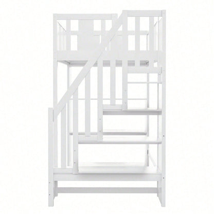Hochbett 90x200 cm mit Stauraumtreppe & großen Fächern - Funktions-Kinderbett aus Holz (weiß) - Jugendbett mit integriertem Stauraum, ohne Matratze