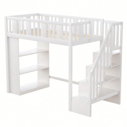 Hochbett 90x200 cm mit Stauraumtreppe & großen Fächern - Funktions-Kinderbett aus Holz (weiß) - Jugendbett mit integriertem Stauraum, ohne Matratze