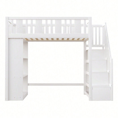 Hochbett 90x200 cm mit Stauraumtreppe & großen Fächern - Funktions-Kinderbett aus Holz (weiß) - Jugendbett mit integriertem Stauraum, ohne Matratze