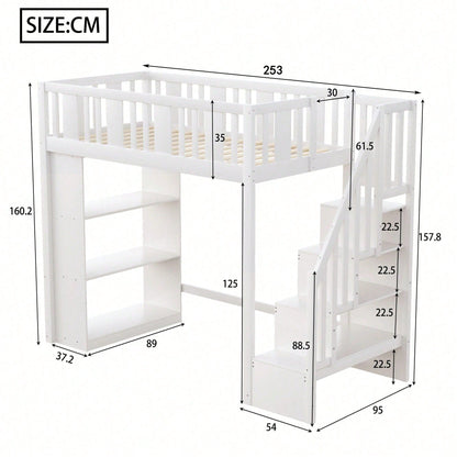 Hochbett 90x200 cm mit Stauraumtreppe & großen Fächern - Funktions-Kinderbett aus Holz (weiß) - Jugendbett mit integriertem Stauraum, ohne Matratze