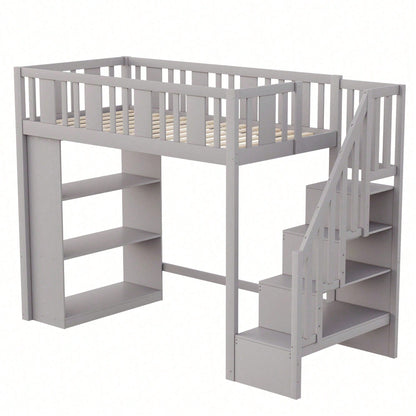 Hochbett 90x200 cm mit Stauraumtreppe & großen Fächern - Funktions-Kinderbett aus Holz (weiß) - Jugendbett mit integriertem Stauraum, ohne Matratze