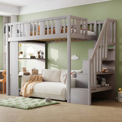 Hochbett 90x200 cm mit Stauraumtreppe & großen Fächern - Funktions-Kinderbett aus Holz (weiß) - Jugendbett mit integriertem Stauraum, ohne Matratze