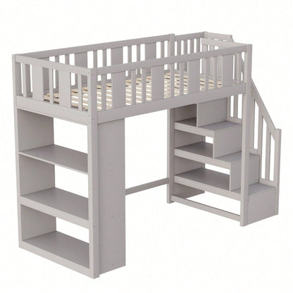 Hochbett 90x200 cm mit Stauraumtreppe & großen Fächern - Funktions-Kinderbett aus Holz (weiß) - Jugendbett mit integriertem Stauraum, ohne Matratze