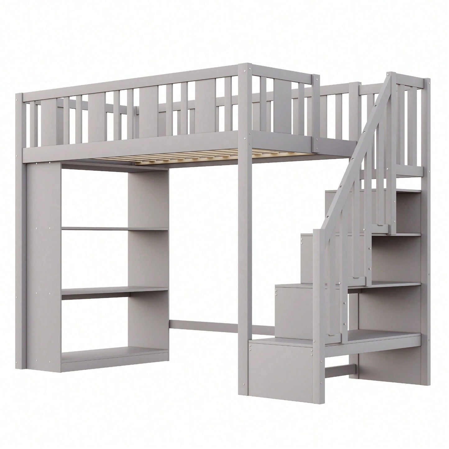 Hochbett 90x200 cm mit Stauraumtreppe & großen Fächern - Funktions-Kinderbett aus Holz (weiß) - Jugendbett mit integriertem Stauraum, ohne Matratze