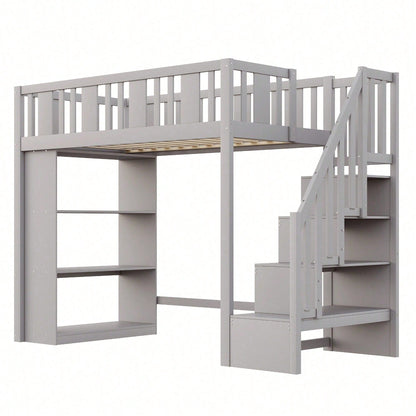 Hochbett 90x200 cm mit Stauraumtreppe & großen Fächern - Funktions-Kinderbett aus Holz (weiß) - Jugendbett mit integriertem Stauraum, ohne Matratze