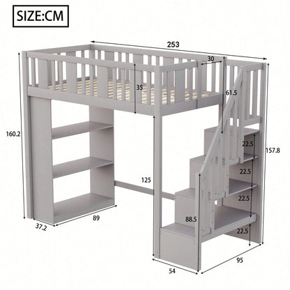 Hochbett 90x200 cm mit Stauraumtreppe & großen Fächern - Funktions-Kinderbett aus Holz (weiß) - Jugendbett mit integriertem Stauraum, ohne Matratze