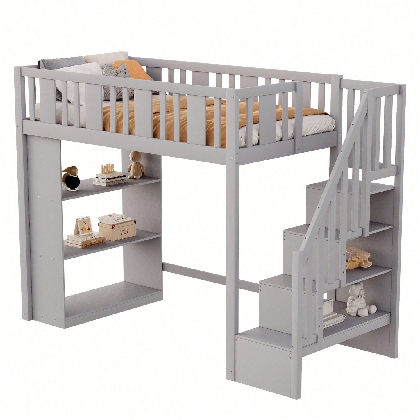 Hochbett 90x200 cm mit Stauraumtreppe & großen Fächern - Funktions-Kinderbett aus Holz (weiß) - Jugendbett mit integriertem Stauraum, ohne Matratze