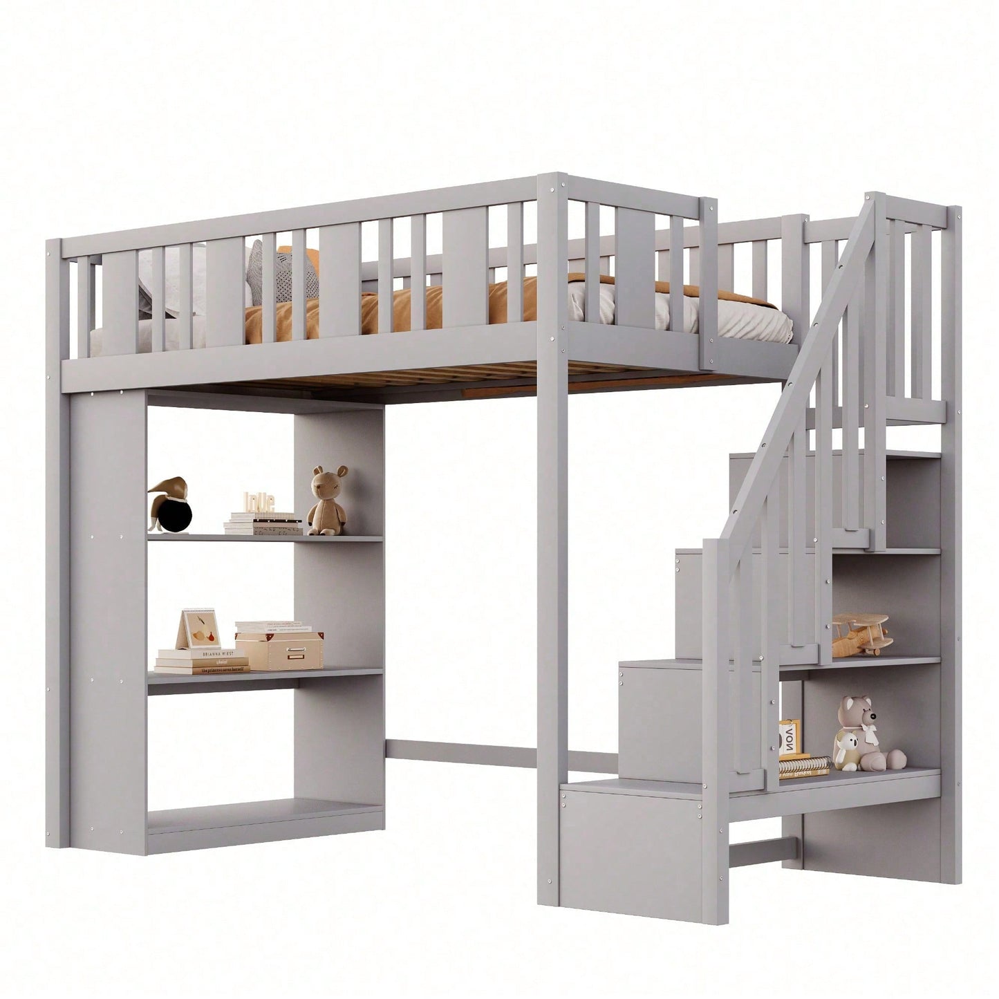 Hochbett 90x200 cm mit Stauraumtreppe & großen Fächern - Funktions-Kinderbett aus Holz (weiß) - Jugendbett mit integriertem Stauraum, ohne Matratze