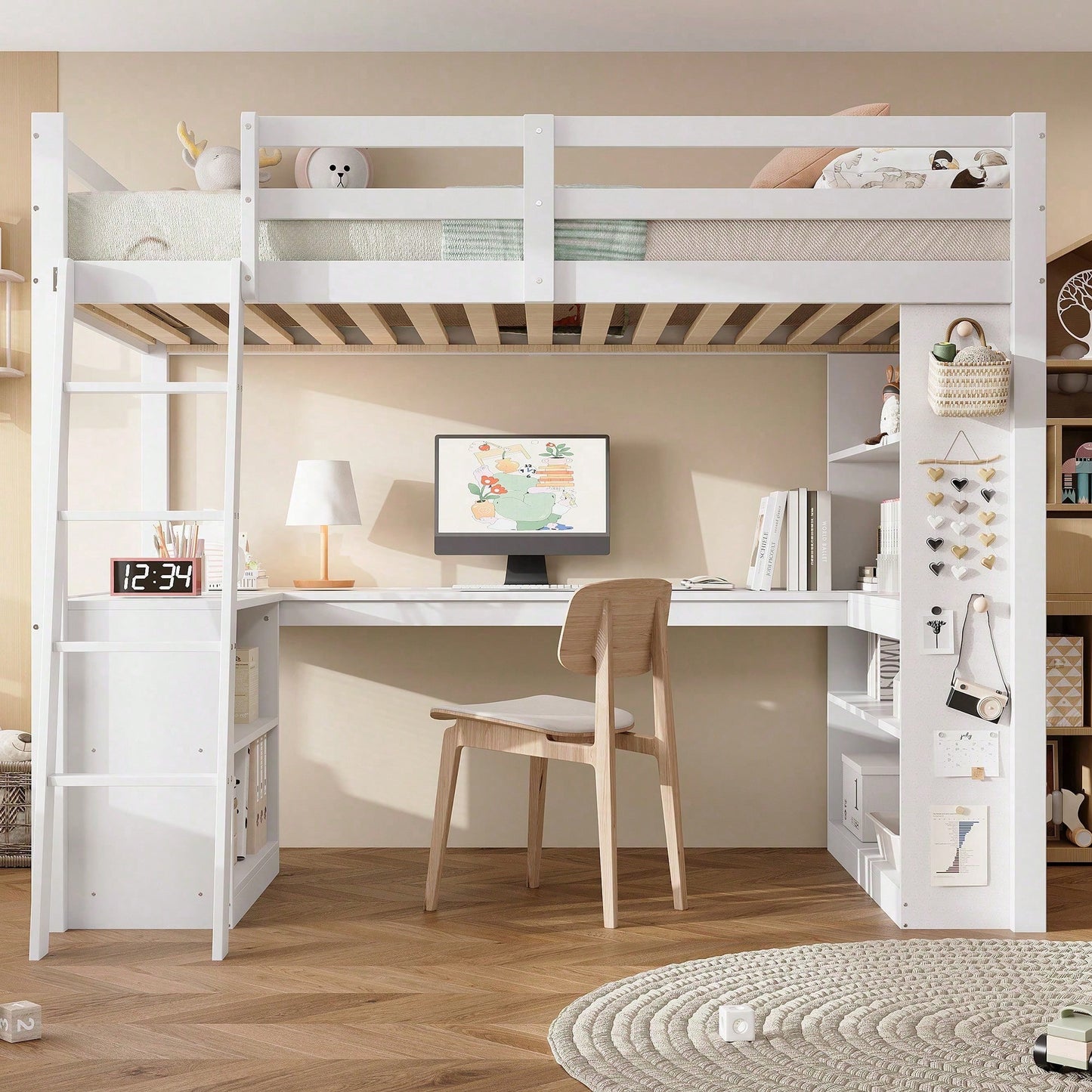 Hochbett Kinderbett 90x200 cm mit Sicherheitsgeländer & Ablageregal – Praktisches Filztuch & stabile Schrägleiter – Kiefer/Spanplatte/Sperrholz in Weiß