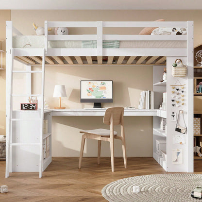 Hochbett Kinderbett 90x200 cm mit Sicherheitsgeländer & Ablageregal – Praktisches Filztuch & stabile Schrägleiter – Kiefer/Spanplatte/Sperrholz in Weiß