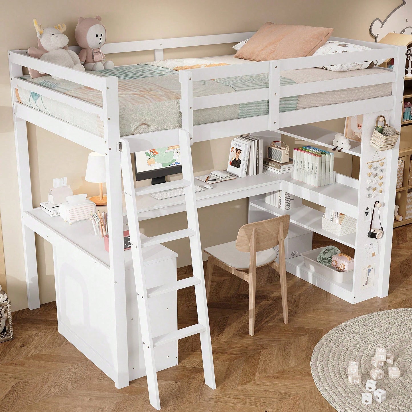 Hochbett Kinderbett 90x200 cm mit Sicherheitsgeländer & Ablageregal – Praktisches Filztuch & stabile Schrägleiter – Kiefer/Spanplatte/Sperrholz in Weiß