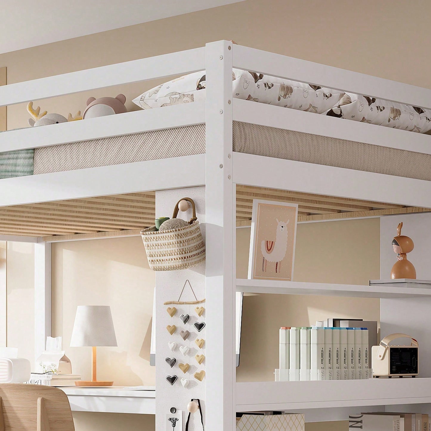 Hochbett Kinderbett 90x200 cm mit Sicherheitsgeländer & Ablageregal – Praktisches Filztuch & stabile Schrägleiter – Kiefer/Spanplatte/Sperrholz in Weiß