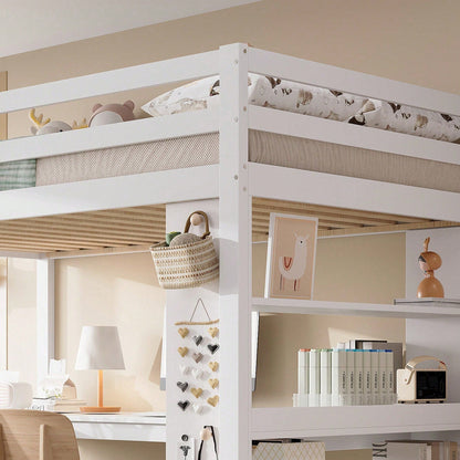 Hochbett Kinderbett 90x200 cm mit Sicherheitsgeländer & Ablageregal – Praktisches Filztuch & stabile Schrägleiter – Kiefer/Spanplatte/Sperrholz in Weiß