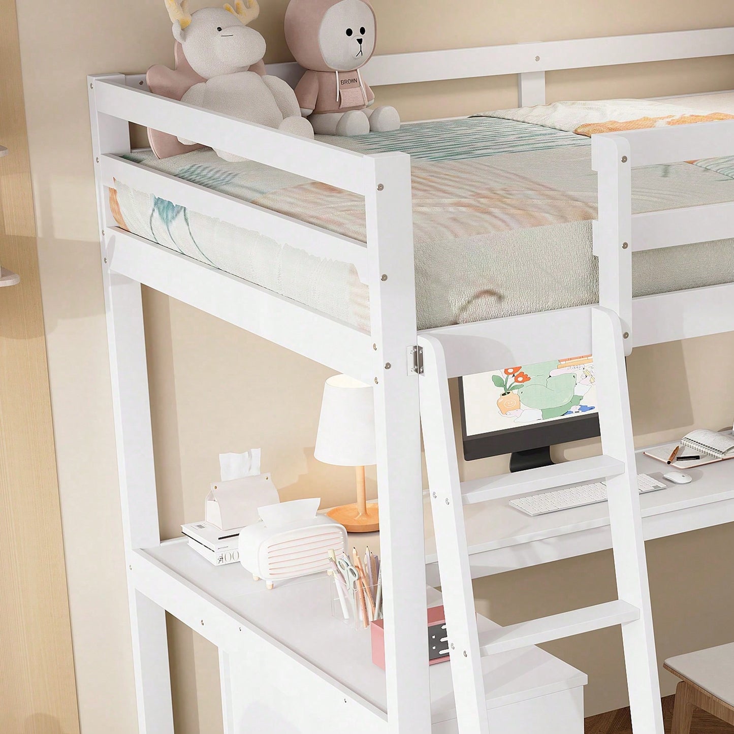 Hochbett Kinderbett 90x200 cm mit Sicherheitsgeländer & Ablageregal – Praktisches Filztuch & stabile Schrägleiter – Kiefer/Spanplatte/Sperrholz in Weiß