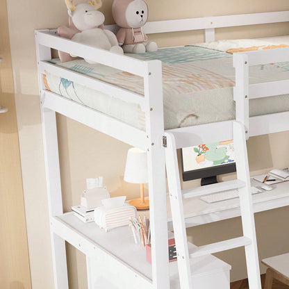 Hochbett Kinderbett 90x200 cm mit Sicherheitsgeländer & Ablageregal – Praktisches Filztuch & stabile Schrägleiter – Kiefer/Spanplatte/Sperrholz in Weiß