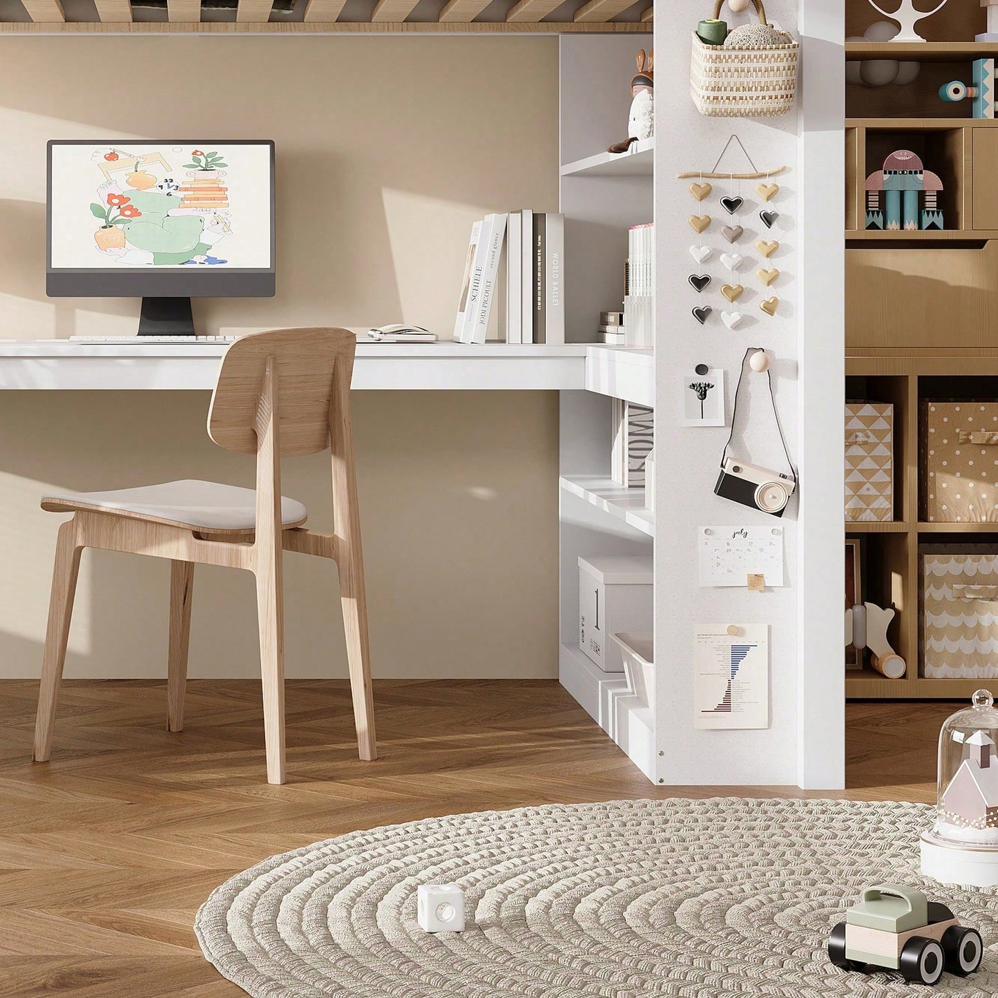 Hochbett Kinderbett 90x200 cm mit Sicherheitsgeländer & Ablageregal – Praktisches Filztuch & stabile Schrägleiter – Kiefer/Spanplatte/Sperrholz in Weiß