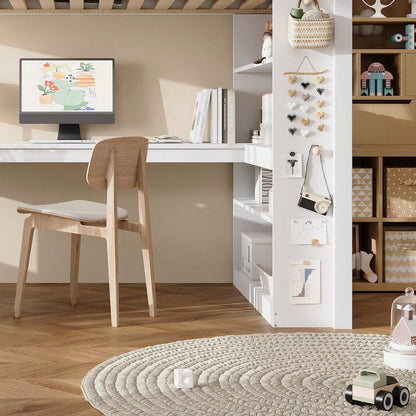 Hochbett Kinderbett 90x200 cm mit Sicherheitsgeländer & Ablageregal – Praktisches Filztuch & stabile Schrägleiter – Kiefer/Spanplatte/Sperrholz in Weiß
