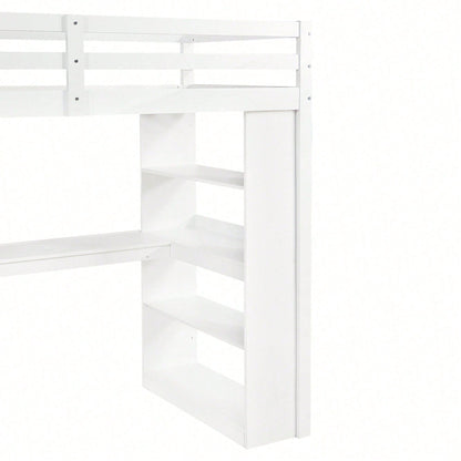 Hochbett Kinderbett 90x200 cm mit Sicherheitsgeländer & Ablageregal – Praktisches Filztuch & stabile Schrägleiter – Kiefer/Spanplatte/Sperrholz in Weiß