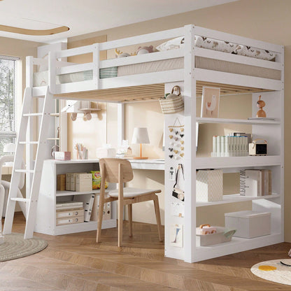 Hochbett Kinderbett 90x200 cm mit Sicherheitsgeländer & Ablageregal – Praktisches Filztuch & stabile Schrägleiter – Kiefer/Spanplatte/Sperrholz in Weiß